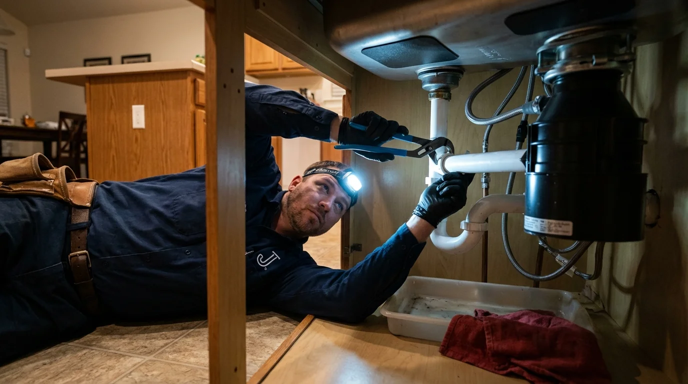 P-trap and supply line connections under a kitchen sink showing a common leak point in Superior, MT